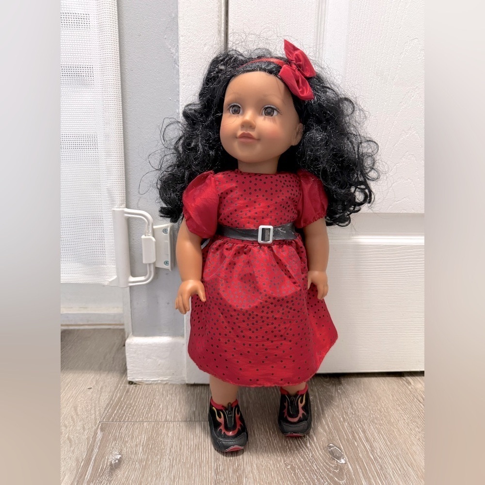 18” Possible Newberry Collection - Red Polka Dot Dress Doll with Black Hair